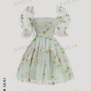 SHEIN MOD Puff Sleeve Floral Embroidery Mesh Overlay Green Summer Dress (Size S)